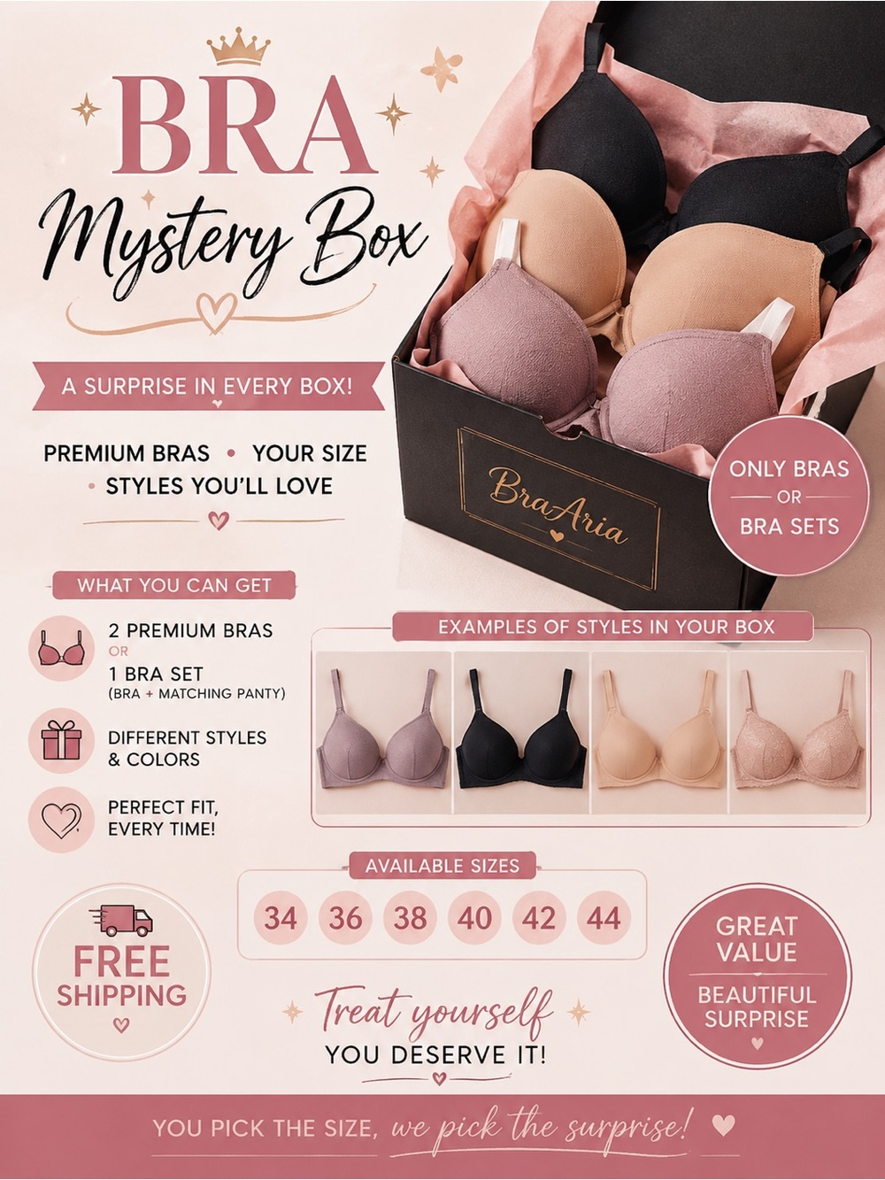 Bra Mystery Box – Assorted Nude, Black & Mauve Bras